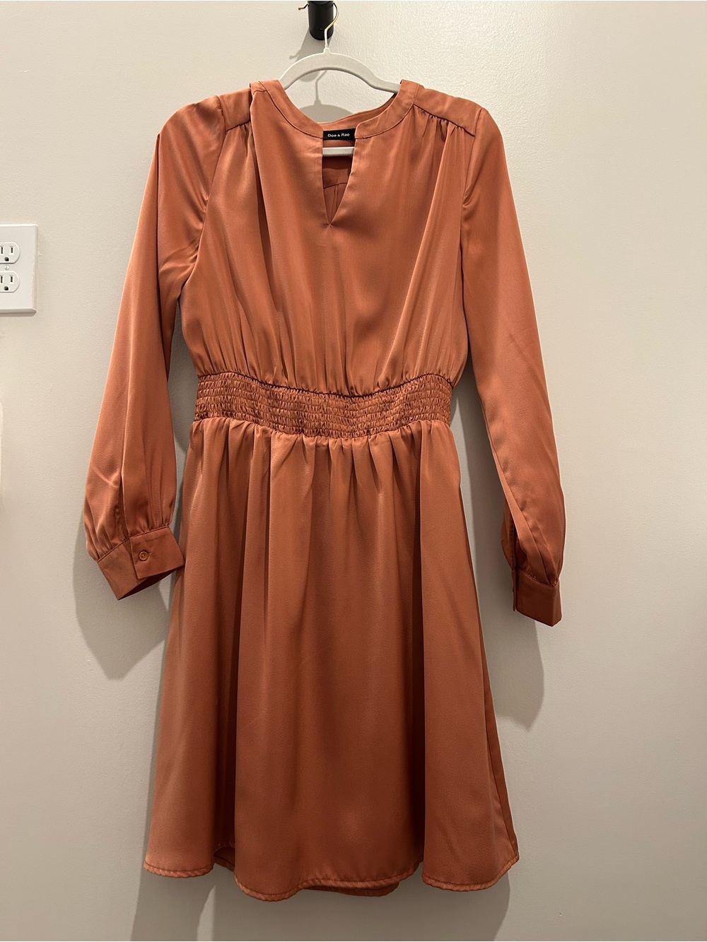 Doe & Rae Rust Smocked-Waist Long-Sleeve Dress